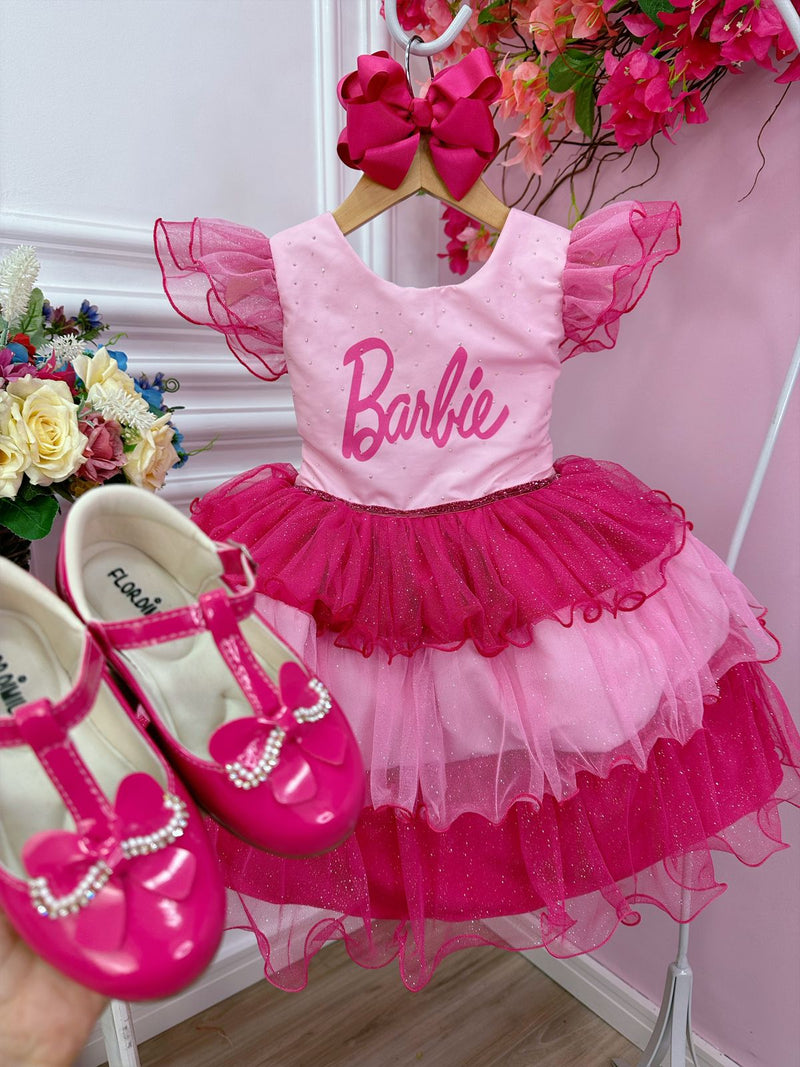 Vestido Infantil Rosa Barbie Peito Strass Glitter Luxo