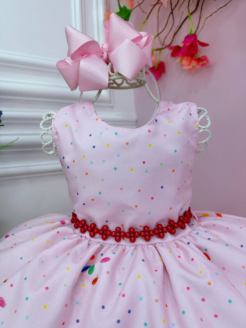 Vestido Infantil Rosa Doces Confeitaria C/ Cinto de Pérolas