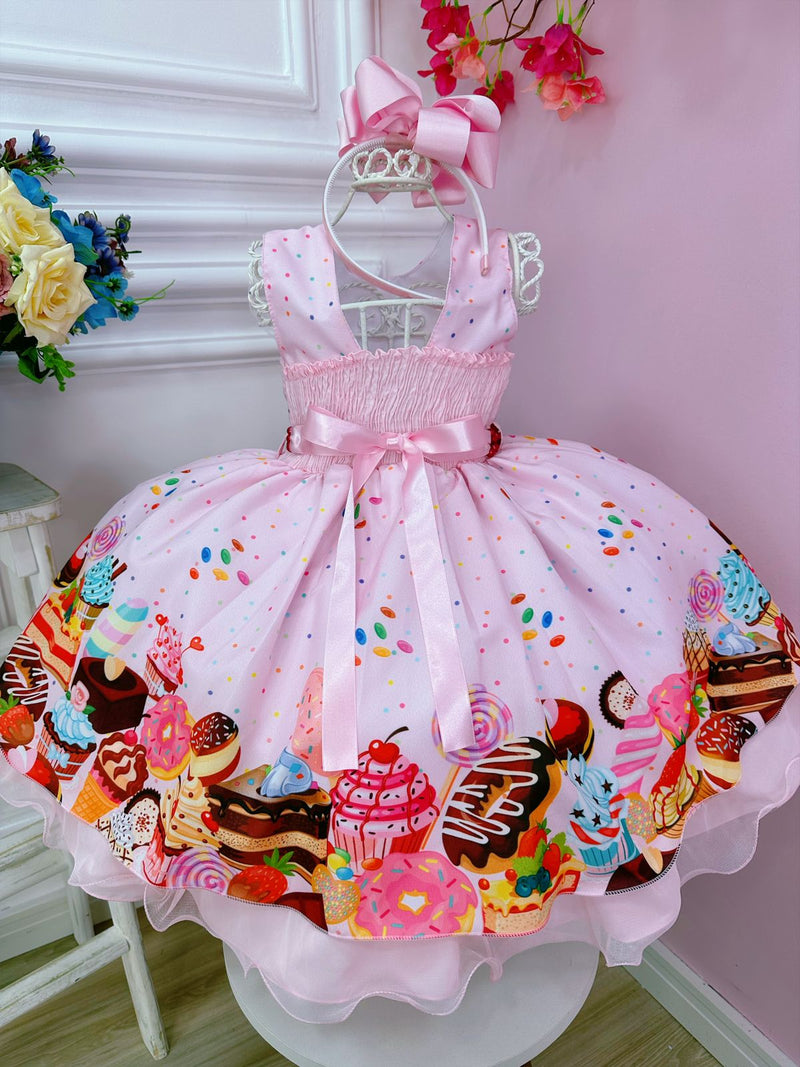 Vestido Infantil Rosa Doces Confeitaria C/ Cinto de Pérolas