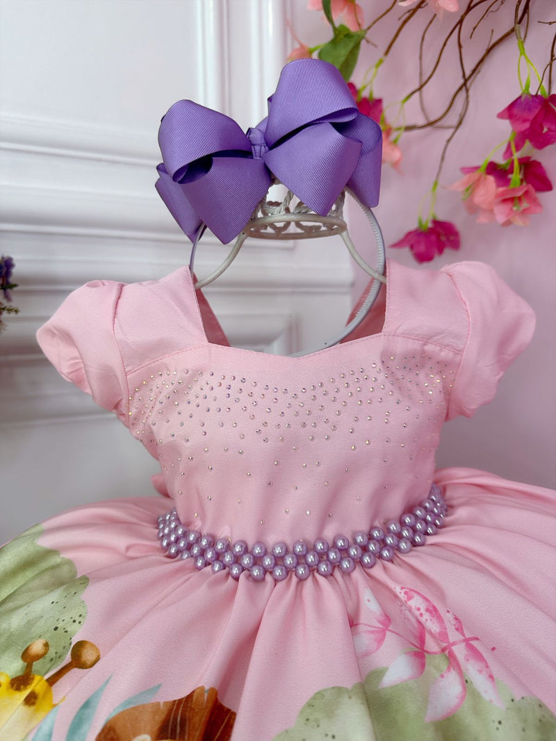 Vestido Infantil Rosa Bosque Safari Busto Strass C/ Pérolas