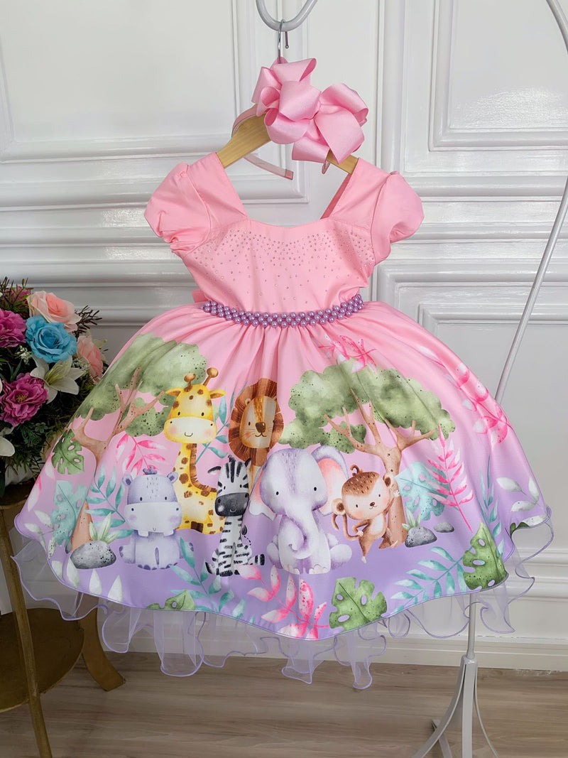 Vestido Infantil Rosa Bosque Safari Busto Strass C/ Pérolas