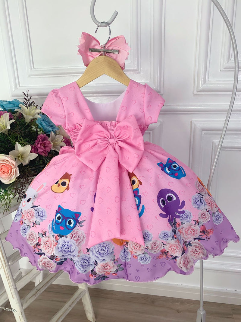 Vestido Infantil Rosa Bolofofos Florido C/ Cinto de Pérolas