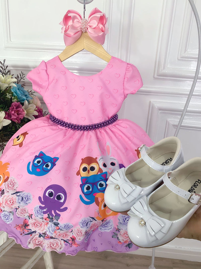 Vestido Infantil Rosa Bolofofos Florido C/ Cinto de Pérolas