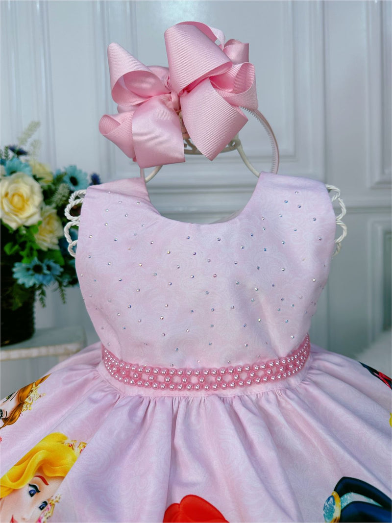 Vestido Infantil Princesas Rosa C/ Peito Strass Cinto Pérola