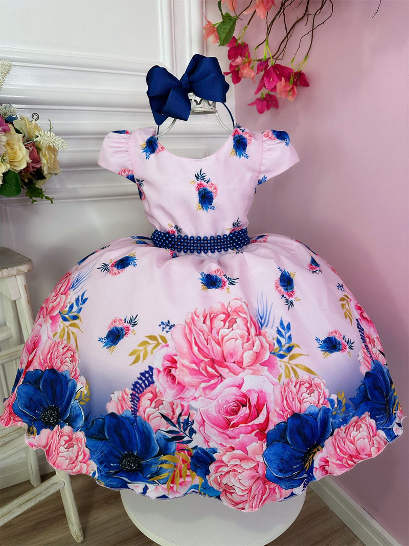 Vestido Infantil Rosa Bosque das Flores Com Cinto de Pérolas