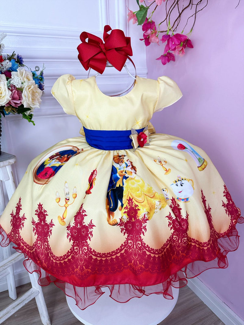 Vestido Infantil Bela e a Fera Amarelo Broche Flor Princesa (1655AM)