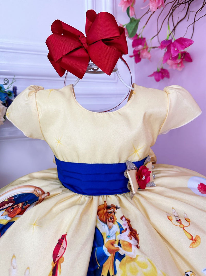 Vestido Infantil Bela e a Fera Amarelo Broche Flor Princesa (1655AM)