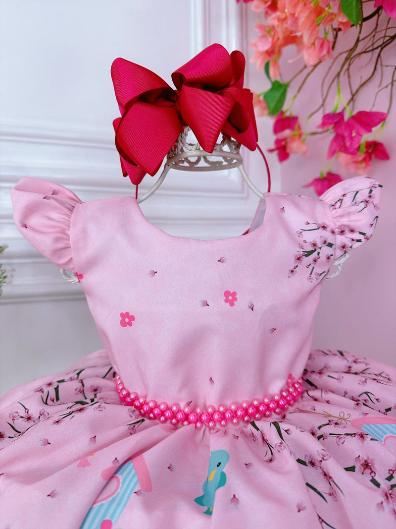 Vestido Infantil Rosa Jardim Encantado C/ Cinto de Pérolas