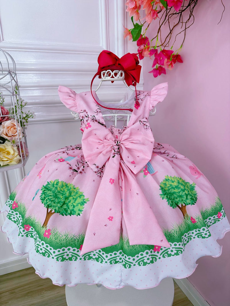 Vestido Infantil Rosa Jardim Encantado C/ Cinto de Pérolas