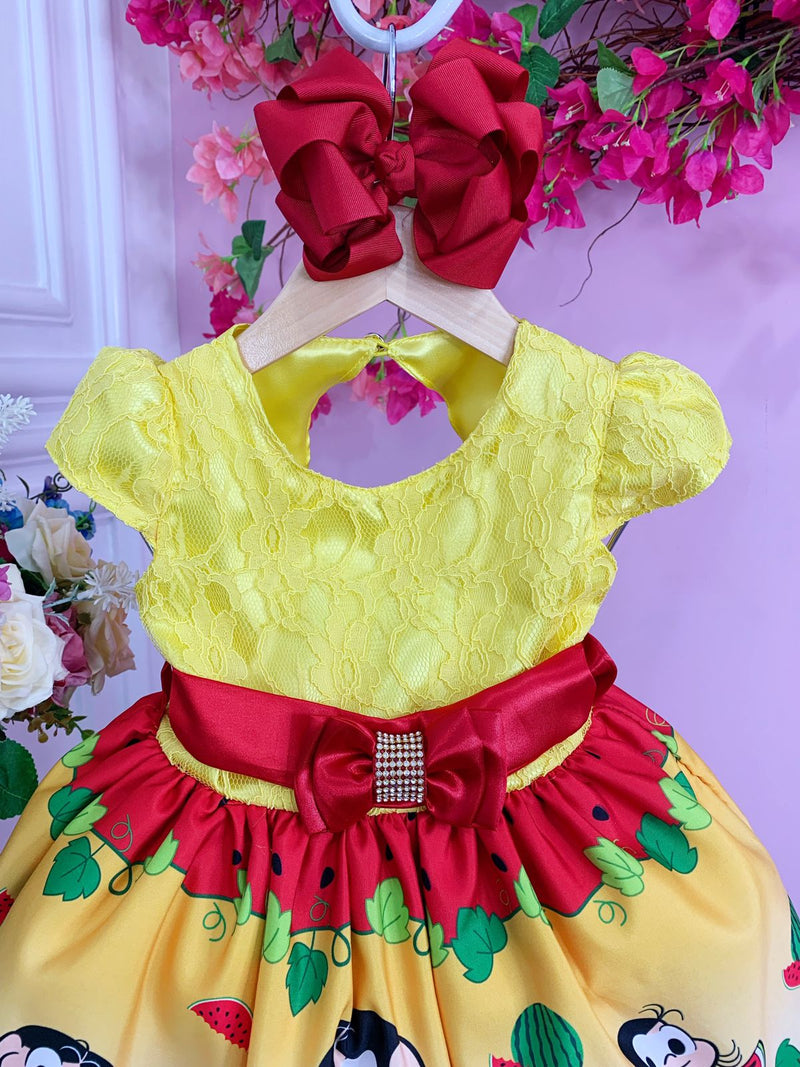 Vestido Infantil Magali Melancias Amarelo C/ Renda Strass