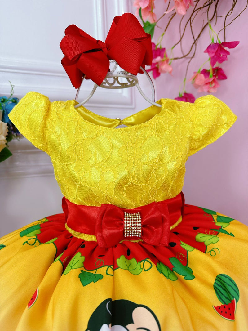 Vestido Infantil Magali Melancias Amarelo C/ Renda Strass