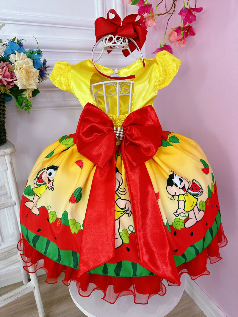 Vestido Infantil Magali Melancias Amarelo C/ Renda Strass