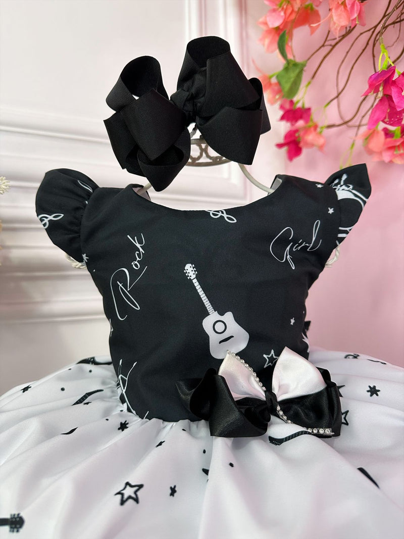 Vestido Infantil Musical Preto e Branco C/ Broche Lacinho