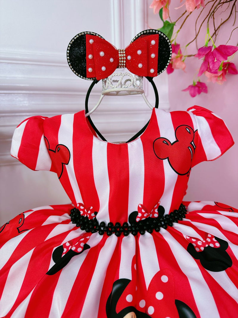 Vestido Infantil Minnie Vermelho C/ Listras Cinto de Pérolas