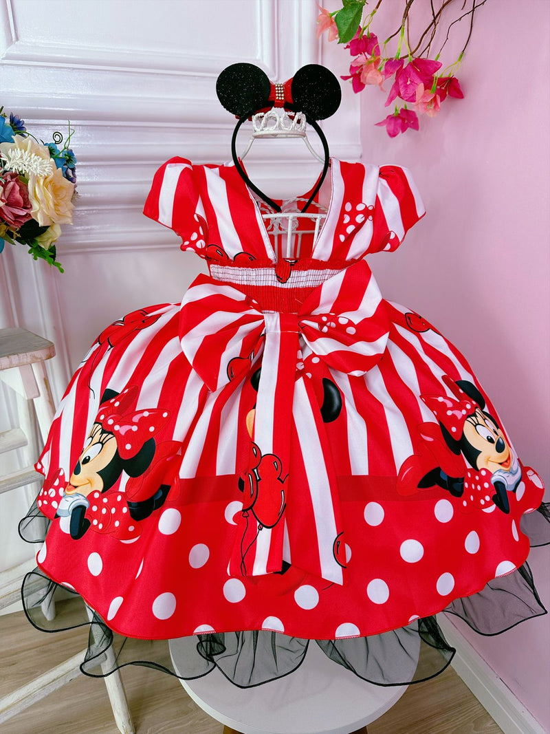 Vestido Infantil Minnie Vermelho C/ Listras Cinto de Pérolas