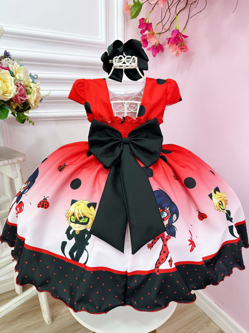 Vestido Infantil Vermelho Ladybug e o Gato Noir Luxo