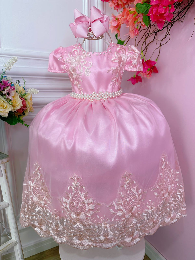 Vestido Infantil Rosa C/ Renda Realeza e Cinto de Pérolas