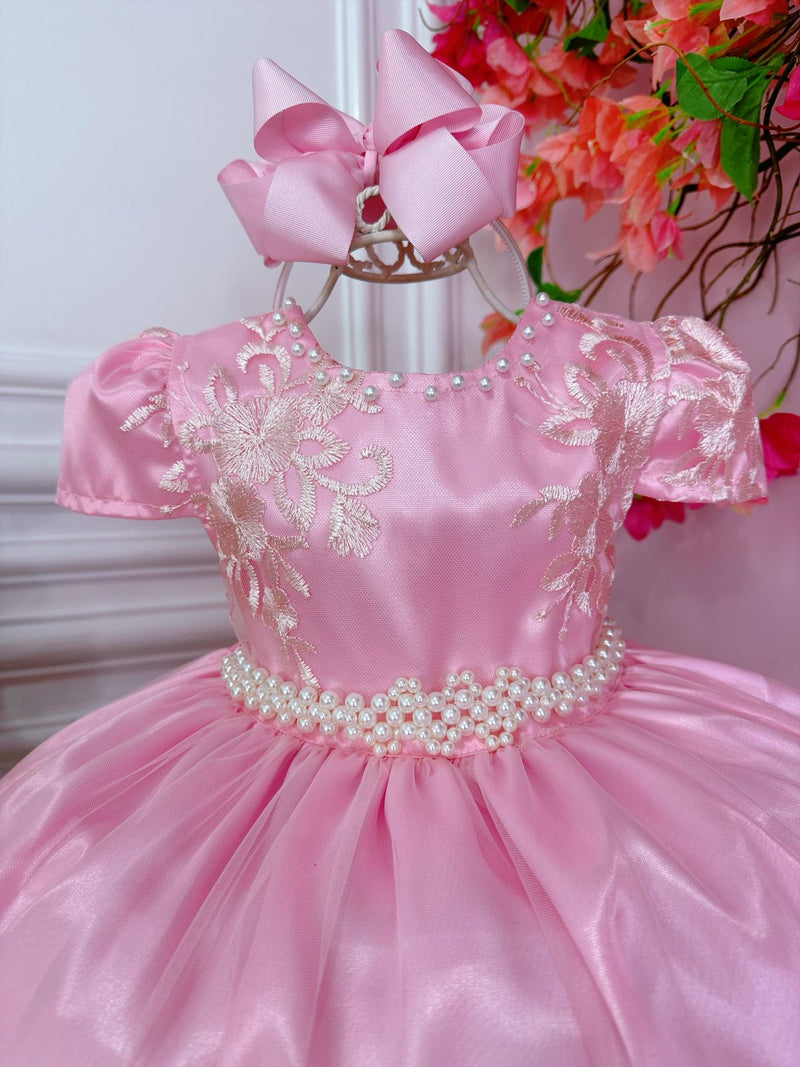 Vestido Infantil Rosa C/ Renda Realeza e Cinto de Pérolas