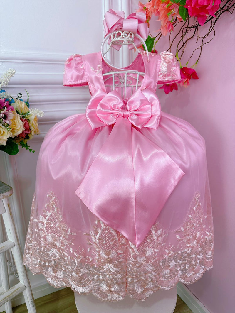 Vestido Infantil Rosa C/ Renda Realeza e Cinto de Pérolas