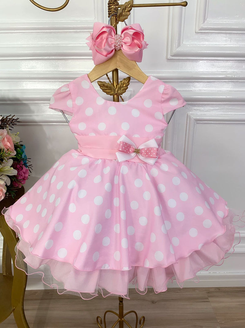 Vestido Infantil Rosa C/ Bolinhas Minnie C/ Aplique de Laço