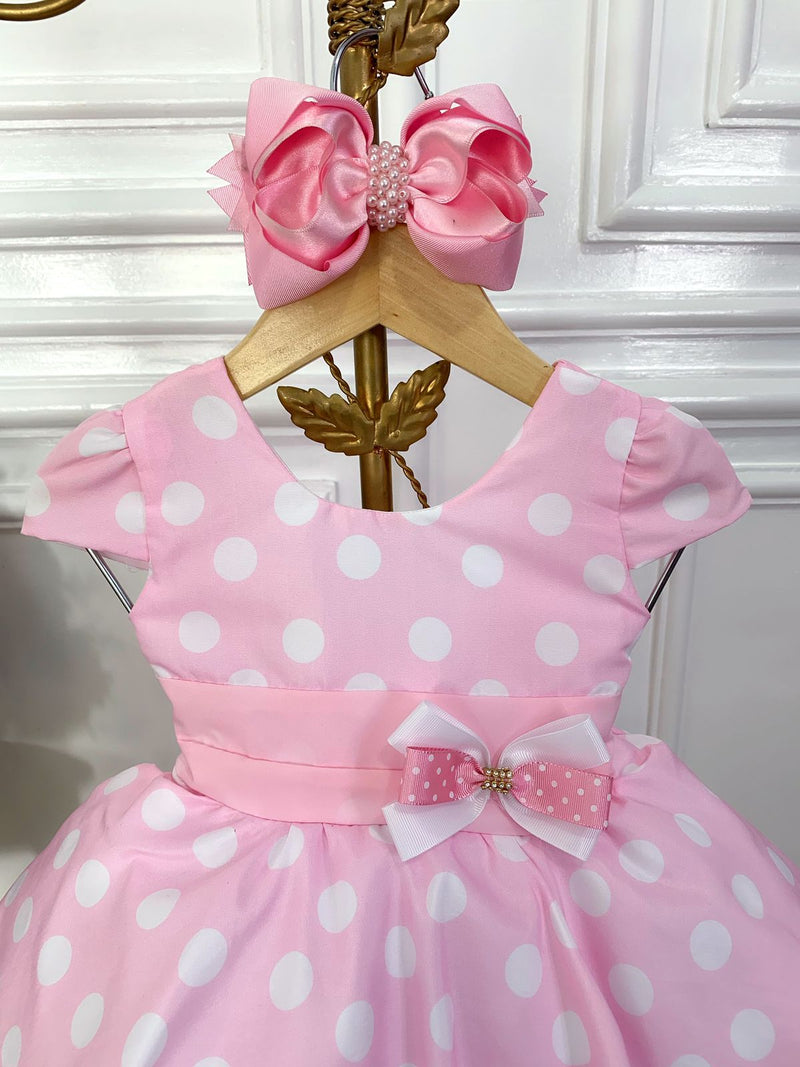 Vestido Infantil Rosa C/ Bolinhas Minnie C/ Aplique de Laço