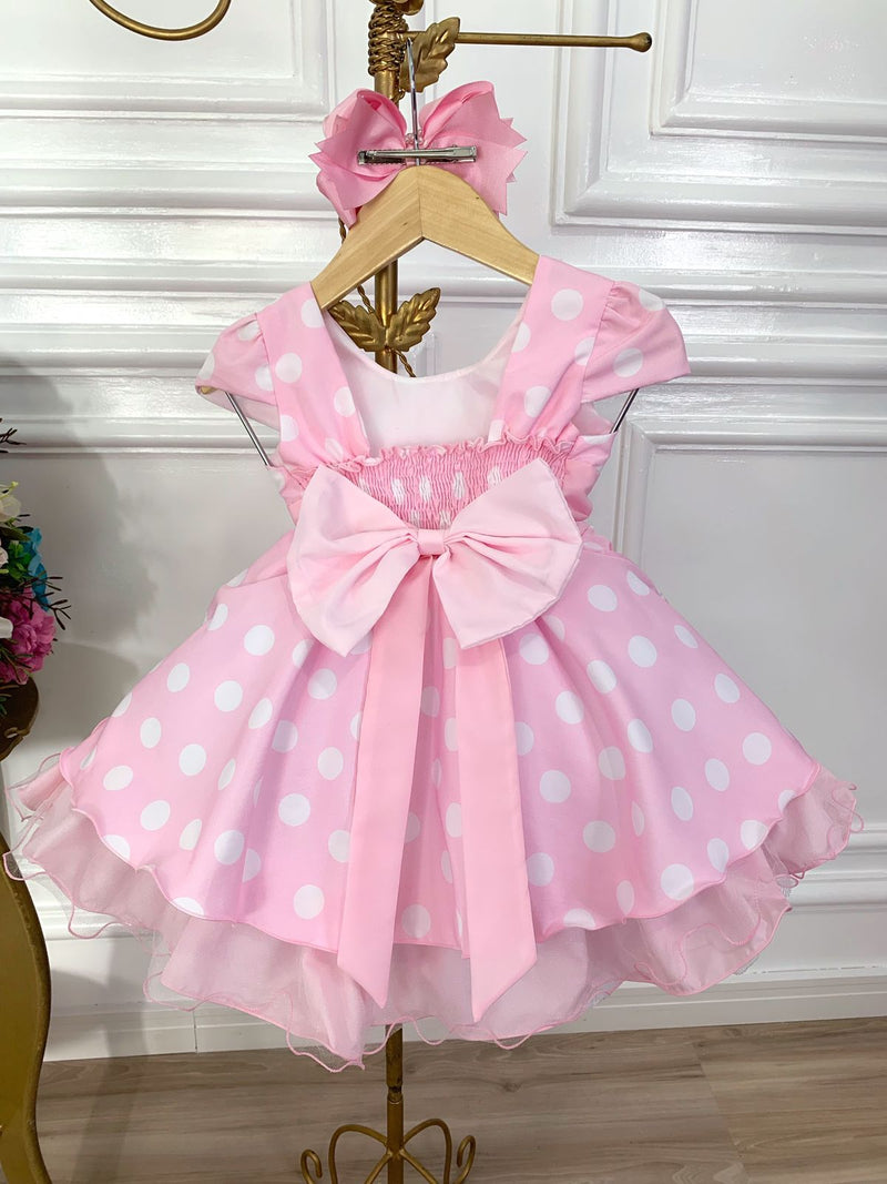 Vestido Infantil Rosa C/ Bolinhas Minnie C/ Aplique de Laço