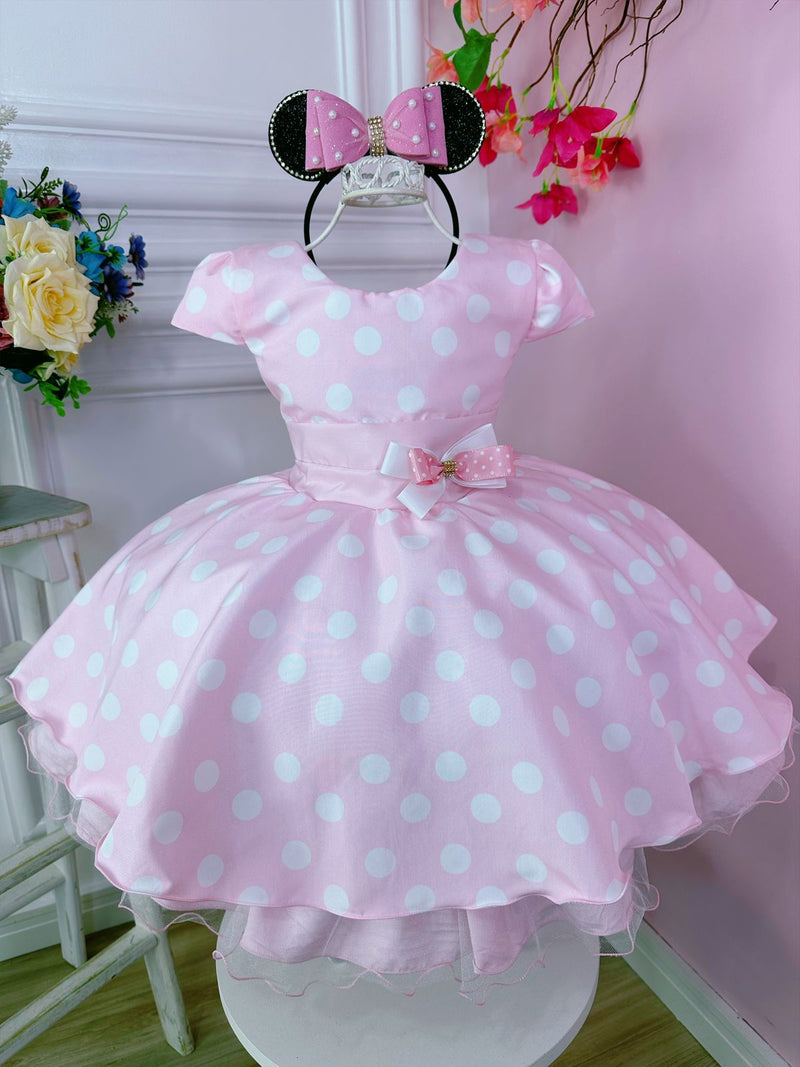 Vestido Infantil Rosa C/ Bolinhas Minnie C/ Aplique de Laço