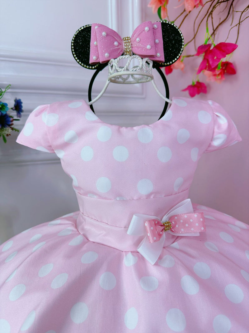 Vestido Infantil Rosa C/ Bolinhas Minnie C/ Aplique de Laço