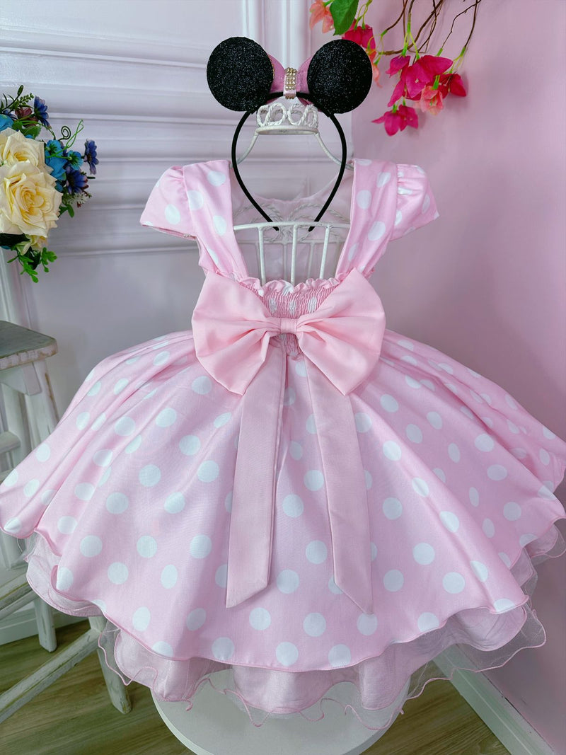 Vestido Infantil Rosa C/ Bolinhas Minnie C/ Aplique de Laço