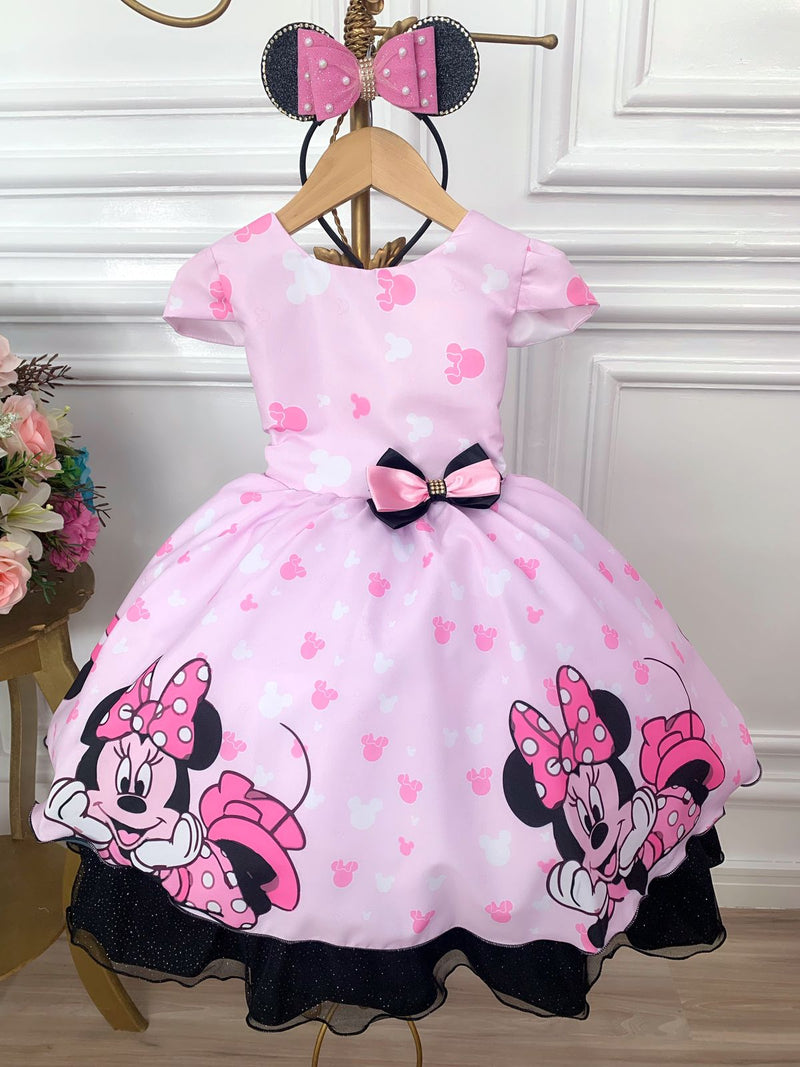 Vestido Infantil Rosa da Minnie C/ Aplique de Laço e Strass (LIGMIN)