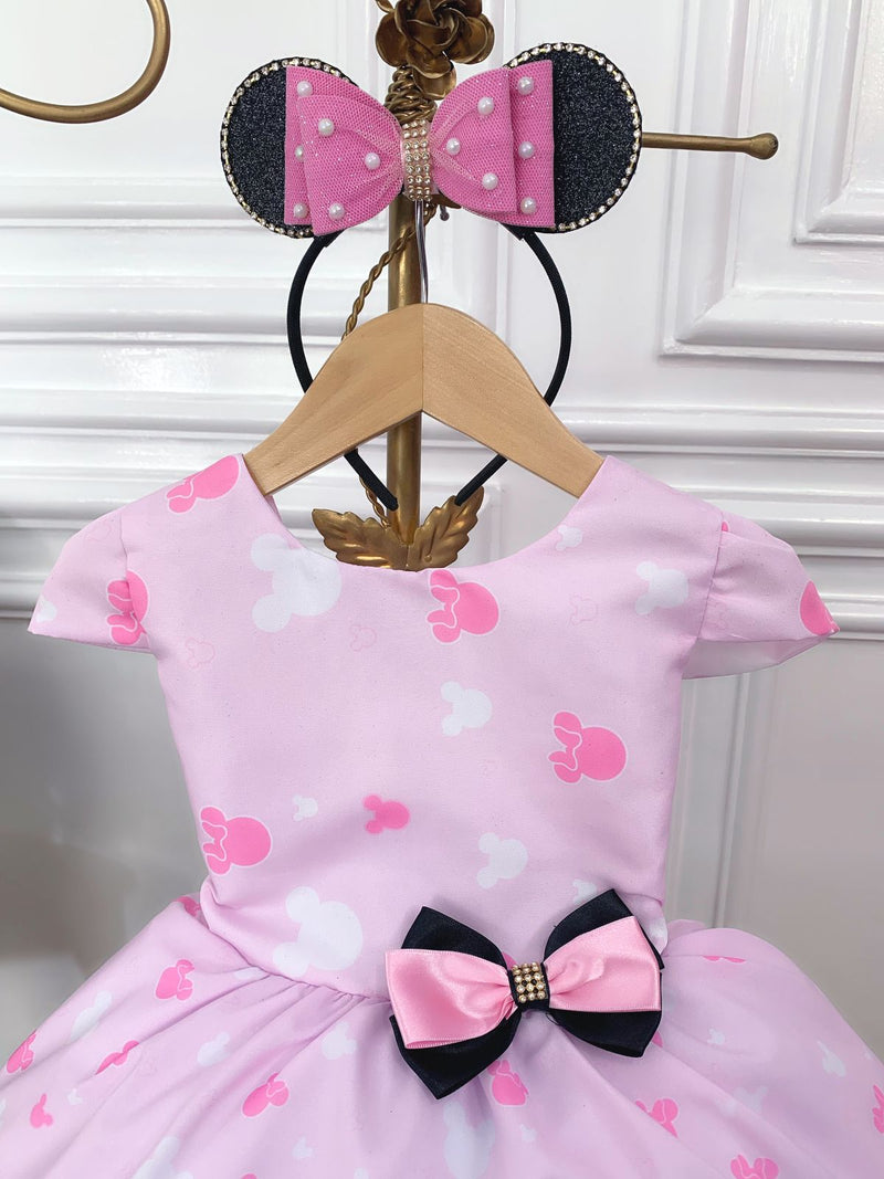 Vestido Infantil Rosa da Minnie C/ Aplique de Laço e Strass (LIGMIN)