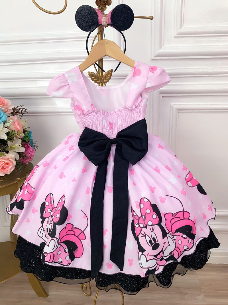 Vestido Infantil Rosa da Minnie C/ Aplique de Laço e Strass (LIGMIN)