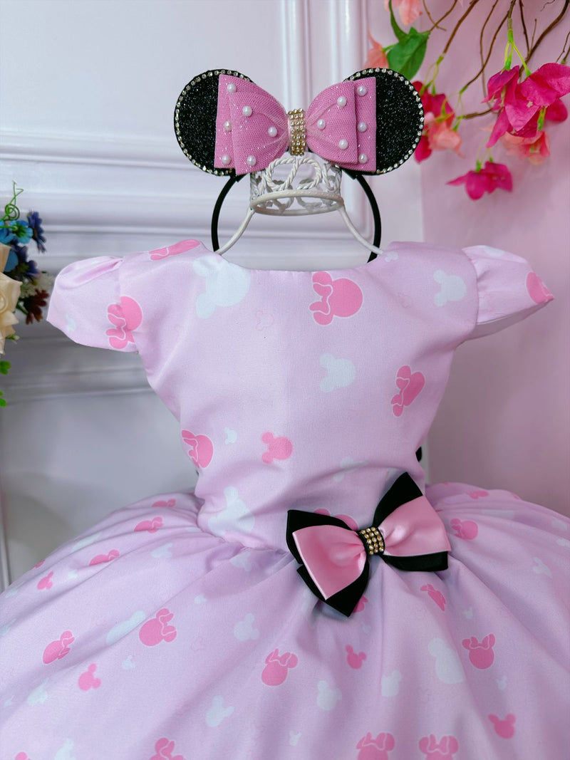 Vestido Infantil Rosa da Minnie C/ Aplique de Laço e Strass (LIGMIN)