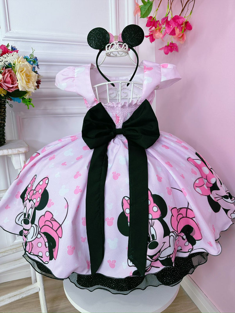 Vestido Infantil Rosa da Minnie C/ Aplique de Laço e Strass (LIGMIN)