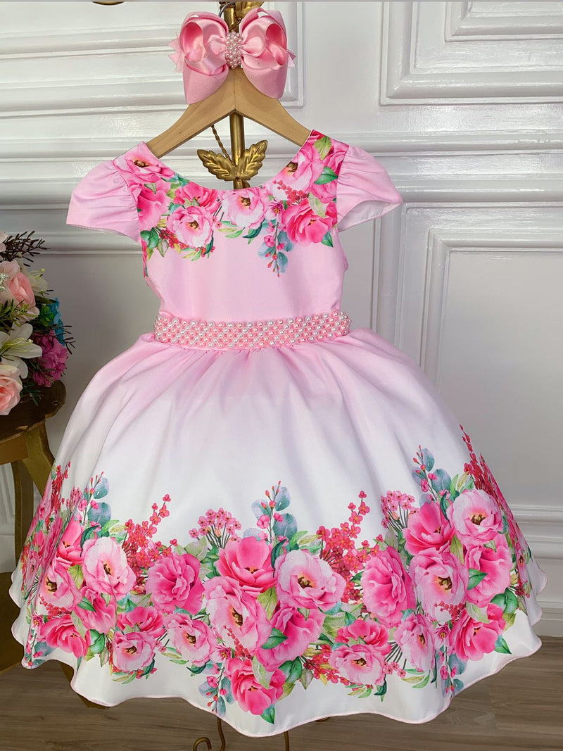 Vestido Infantil Rosa Bebê Florido Com Cinto de Pérolas Luxo