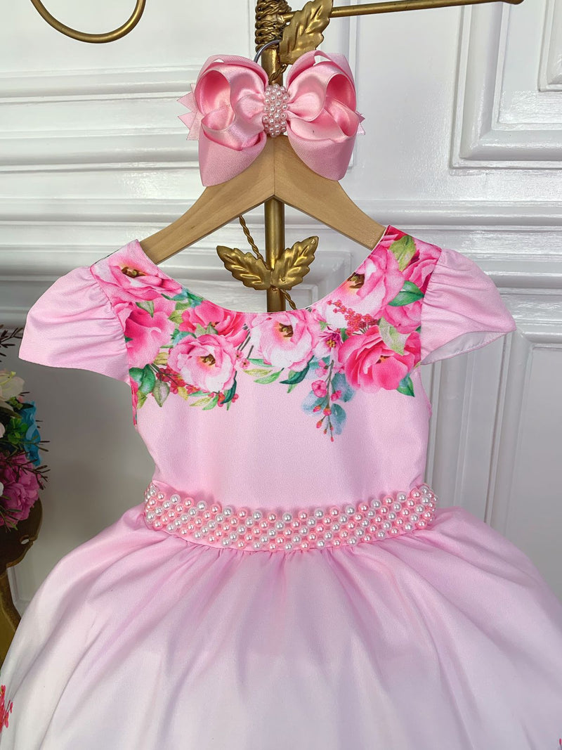 Vestido Infantil Rosa Bebê Florido Com Cinto de Pérolas Luxo