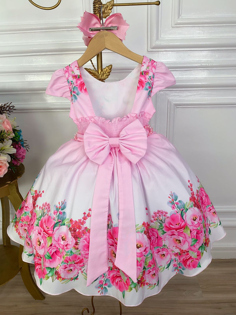 Vestido Infantil Rosa Bebê Florido Com Cinto de Pérolas Luxo