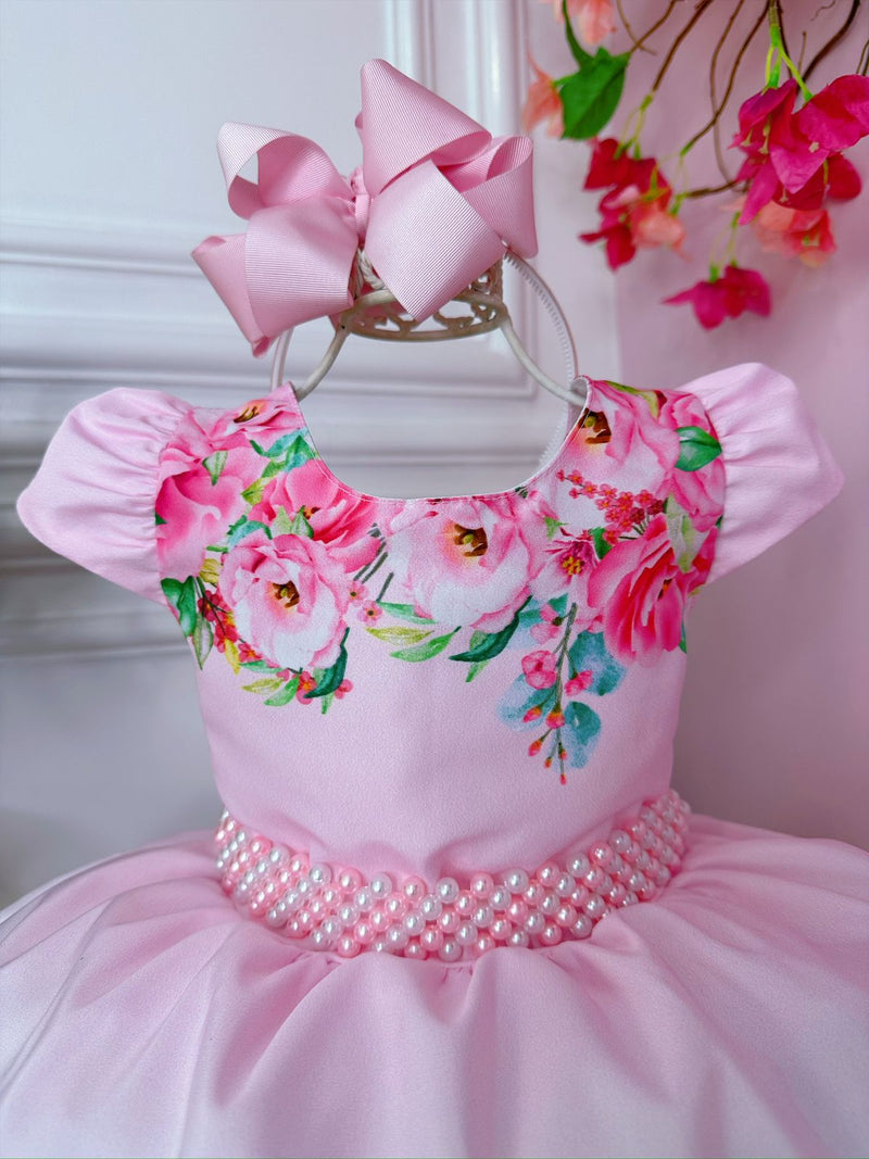 Vestido Infantil Rosa Bebê Florido Com Cinto de Pérolas Luxo