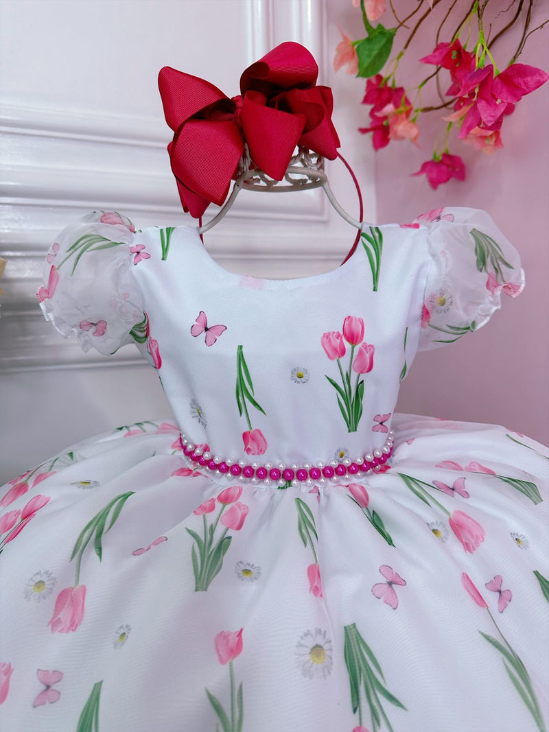 Vestido Infantil Branco Flores Tulipas C/ Cinto de Pérolas