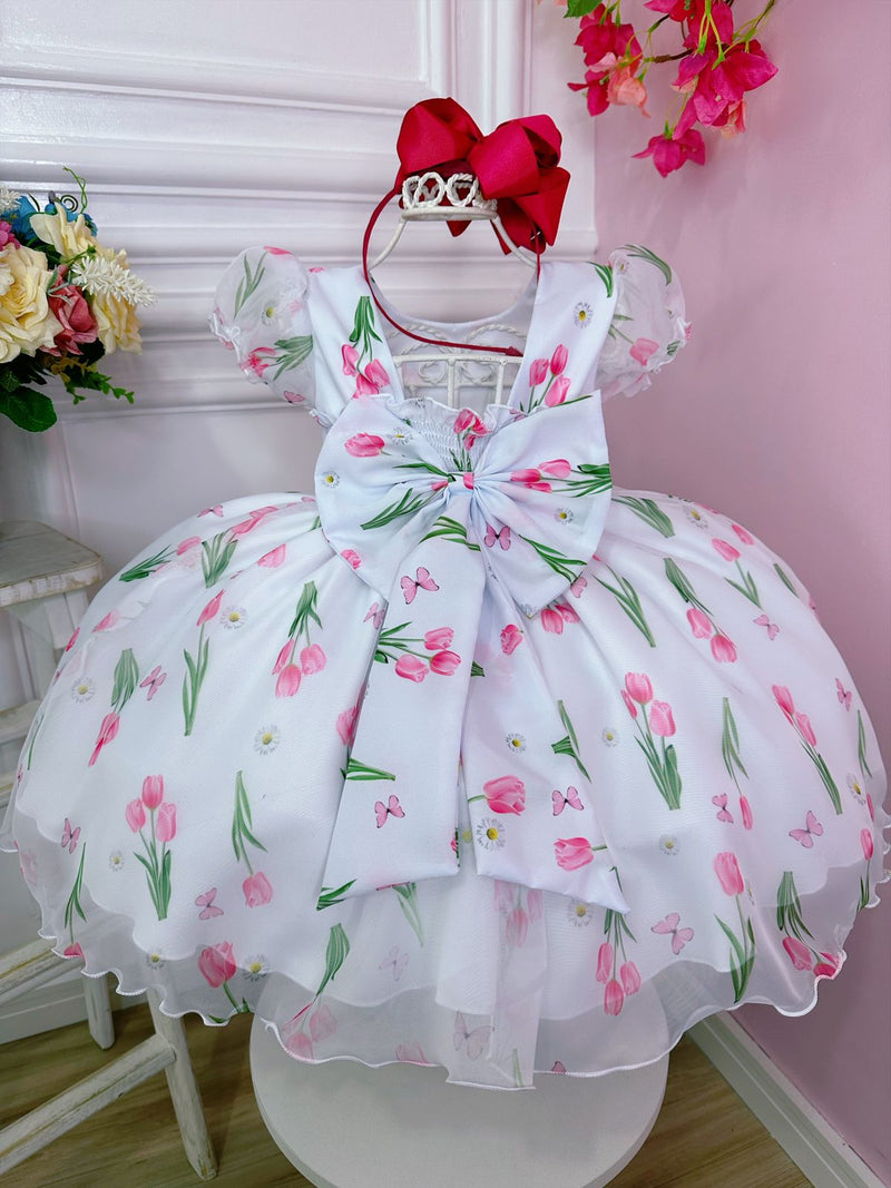 Vestido Infantil Branco Flores Tulipas C/ Cinto de Pérolas