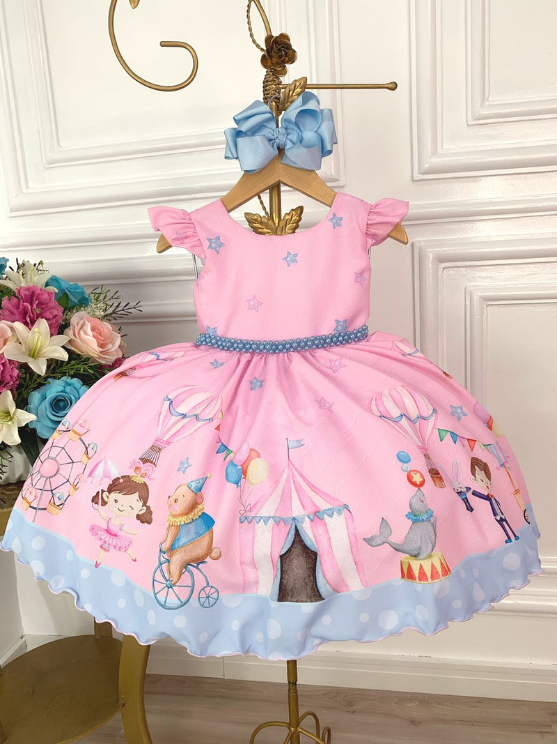 Vestido Infantil Rosa Turma do Circo Com Estrelas Festas (1187RA)