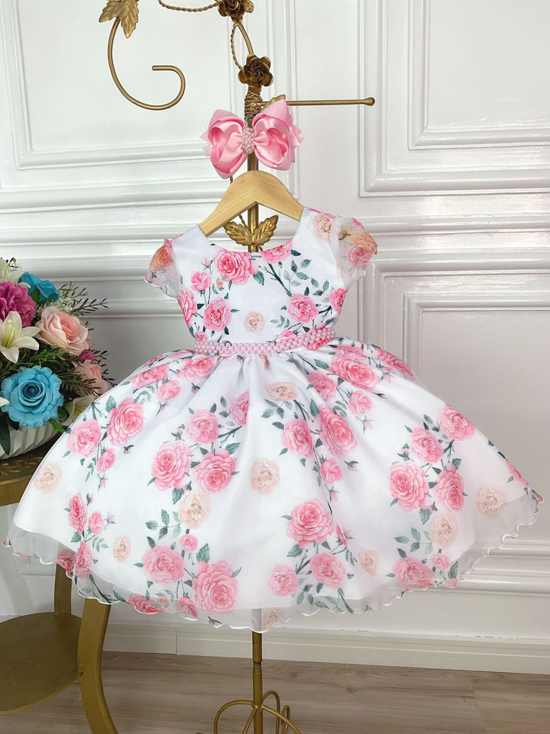 Vestido Infantil Branco Florido de Rosas C/ Cinto de Pérolas