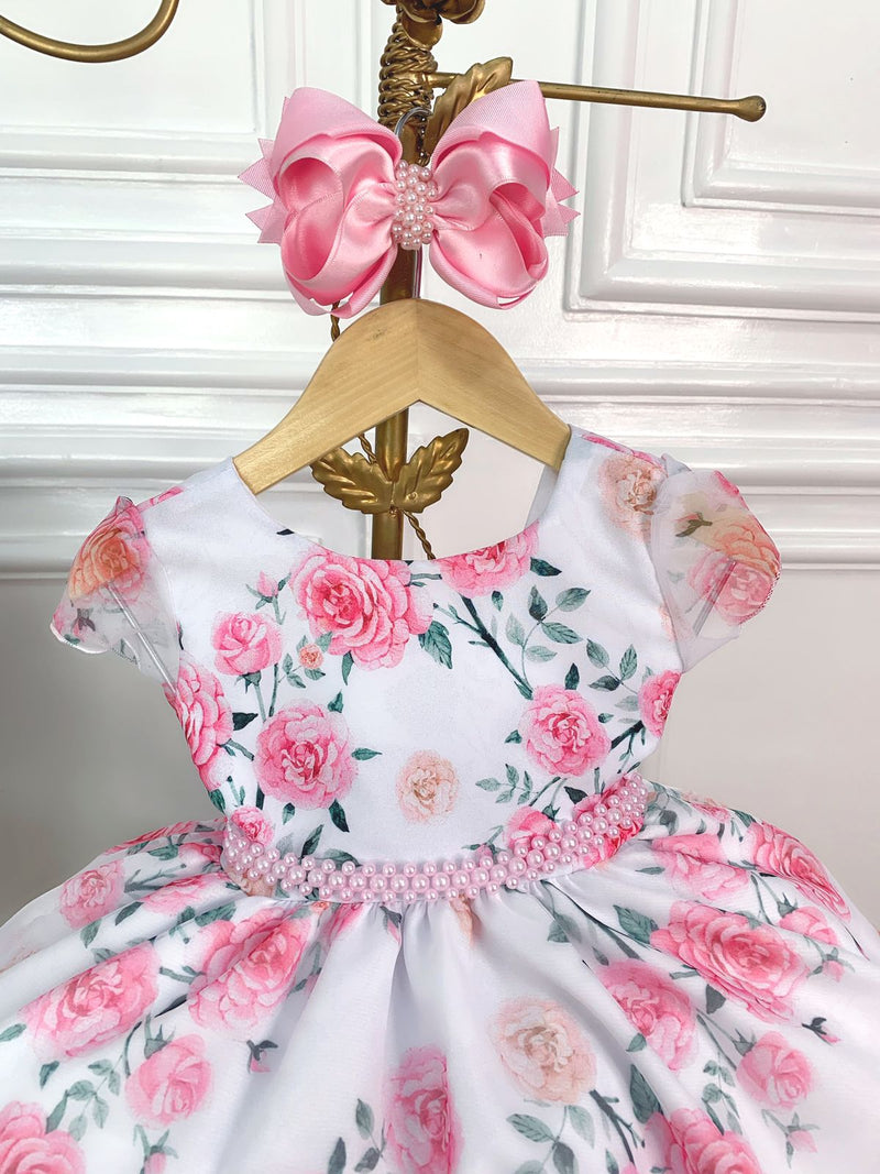 Vestido Infantil Branco Florido de Rosas C/ Cinto de Pérolas