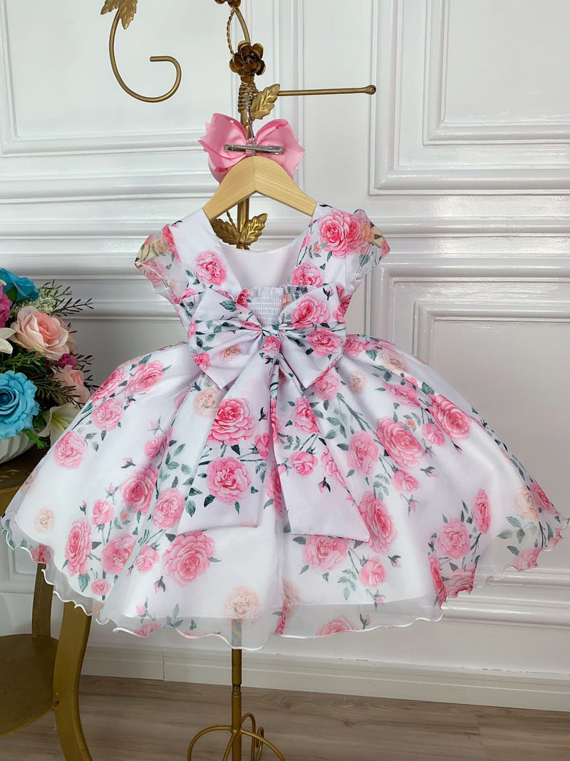 Vestido Infantil Branco Florido de Rosas C/ Cinto de Pérolas