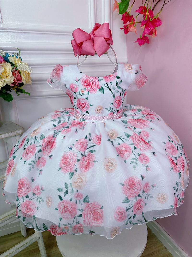 Vestido Infantil Branco Florido de Rosas C/ Cinto de Pérolas