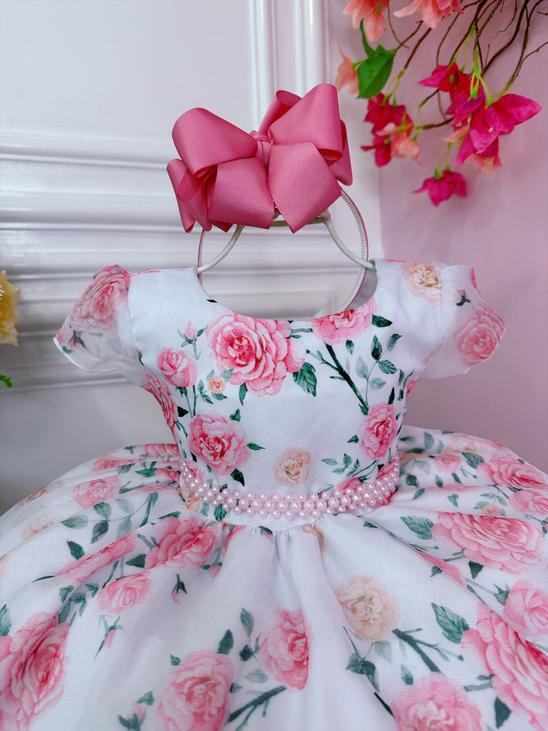 Vestido Infantil Branco Florido de Rosas C/ Cinto de Pérolas