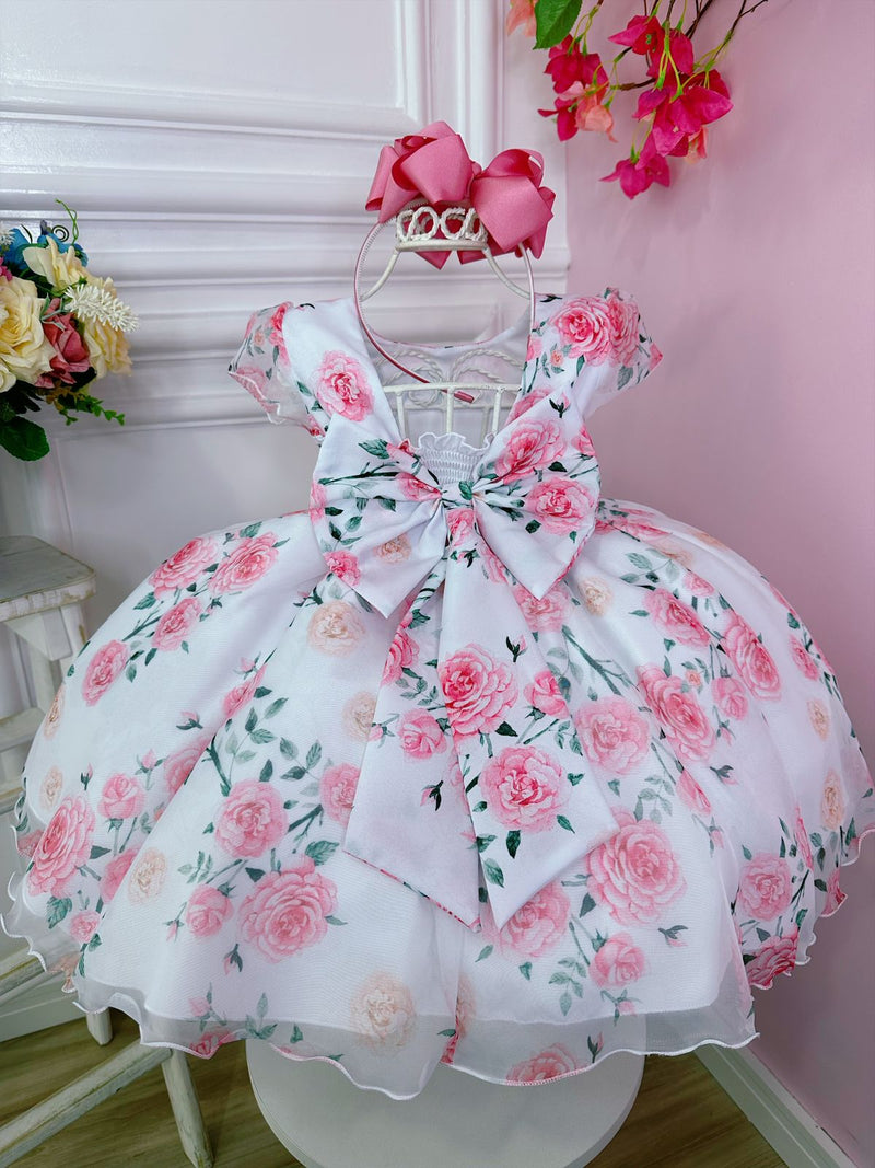 Vestido Infantil Branco Florido de Rosas C/ Cinto de Pérolas