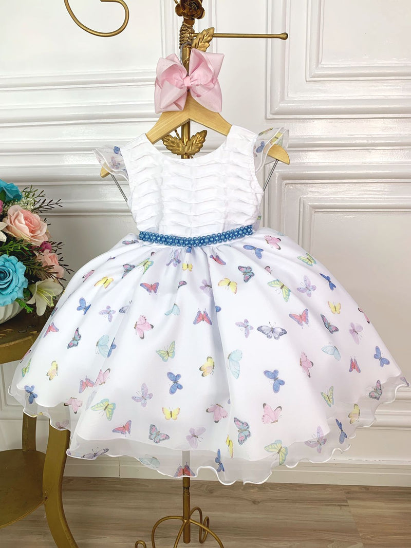 Vestido Infantil Branco Borboletas Coloridas Peito Plissado (1195BR)