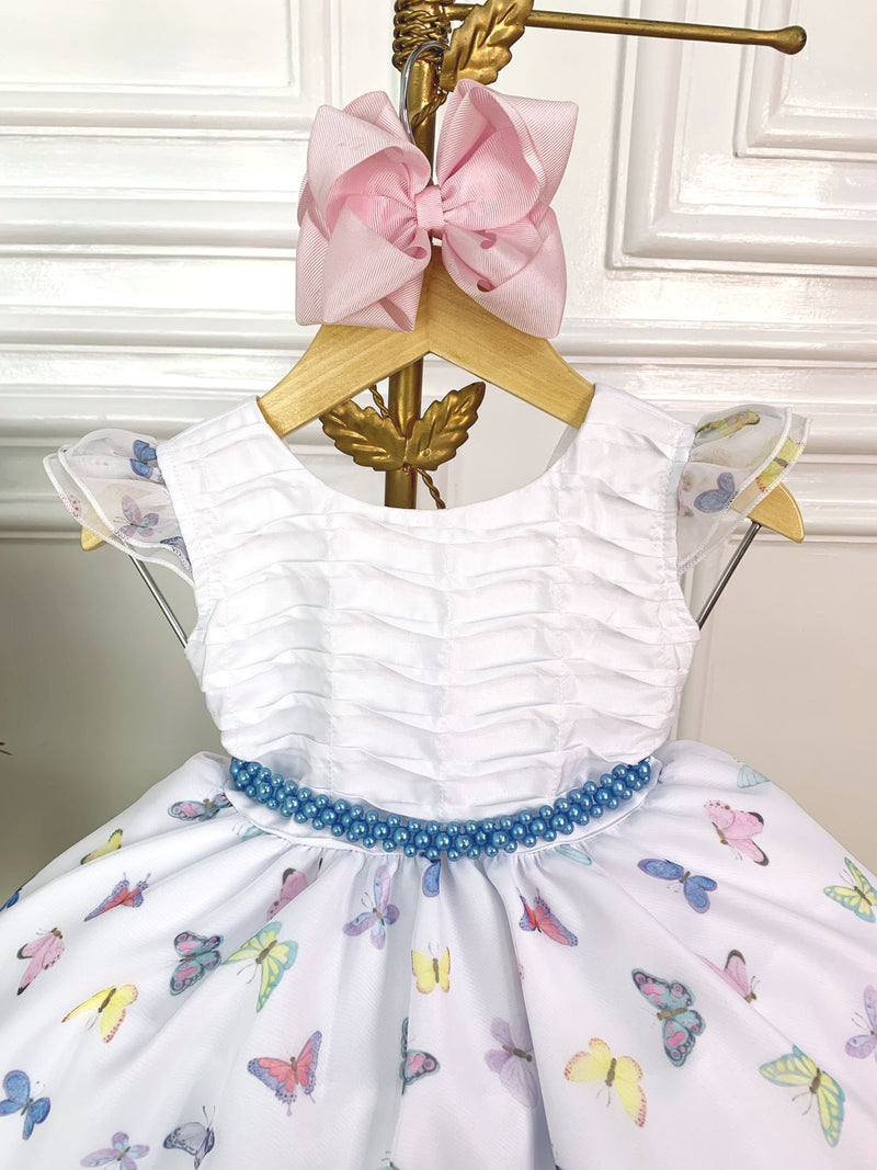 Vestido Infantil Branco Borboletas Coloridas Peito Plissado (1195BR)