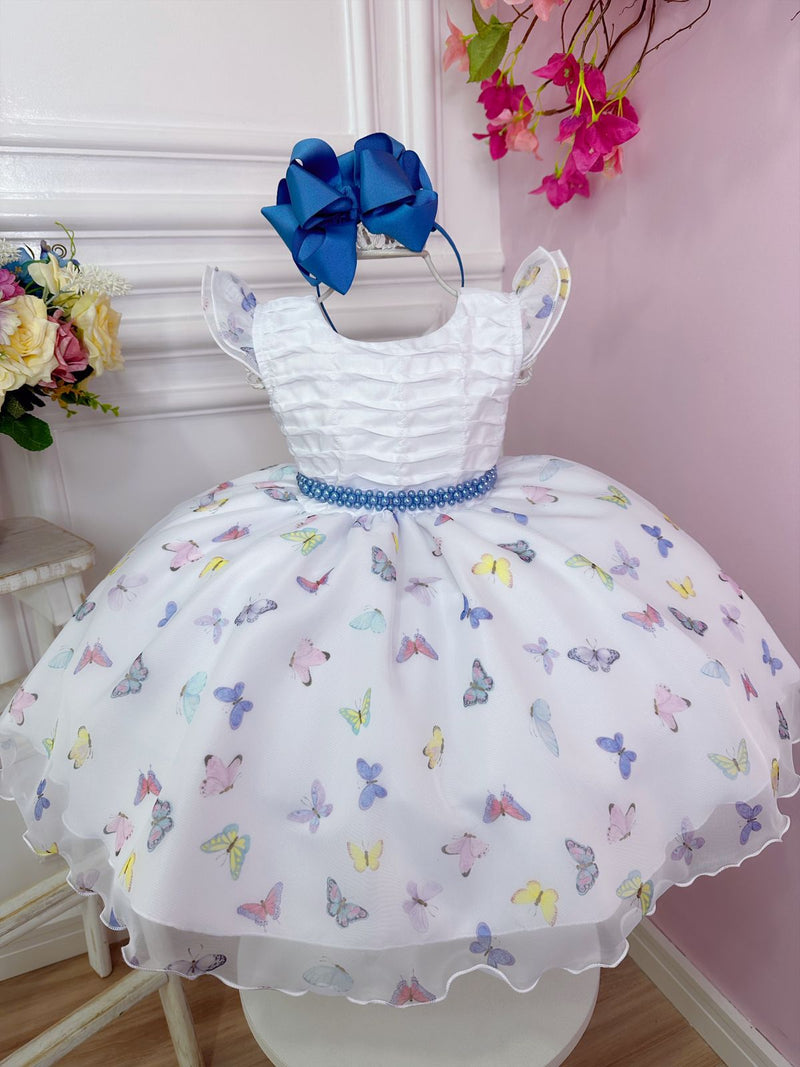 Vestido Infantil Branco Borboletas Coloridas Peito Plissado (1195BR)